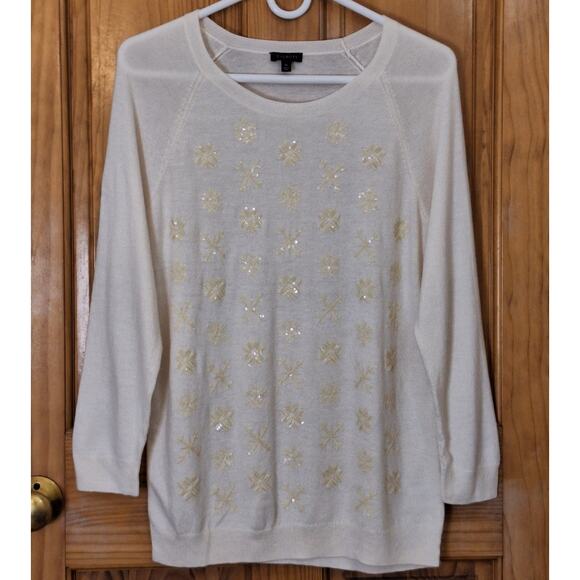 Talbots Sweater Women's Medium Sequin Snowflake Wool Blend Minimalist Neutral - Picture 1 of 7